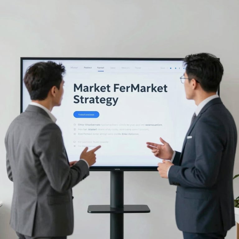 Two professionals in sharp #1A202C suits discussing market entry strategy over a digital display in a minimalist office.