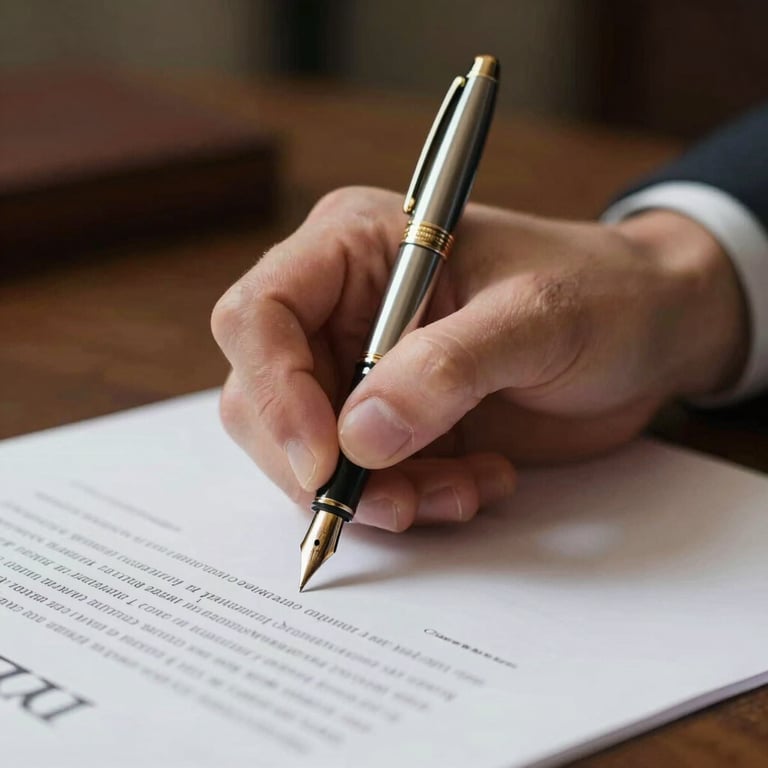 A detailed shot of a hand signing a contract with a luxury fountain pen, conveying a sense of authoritative trust.
