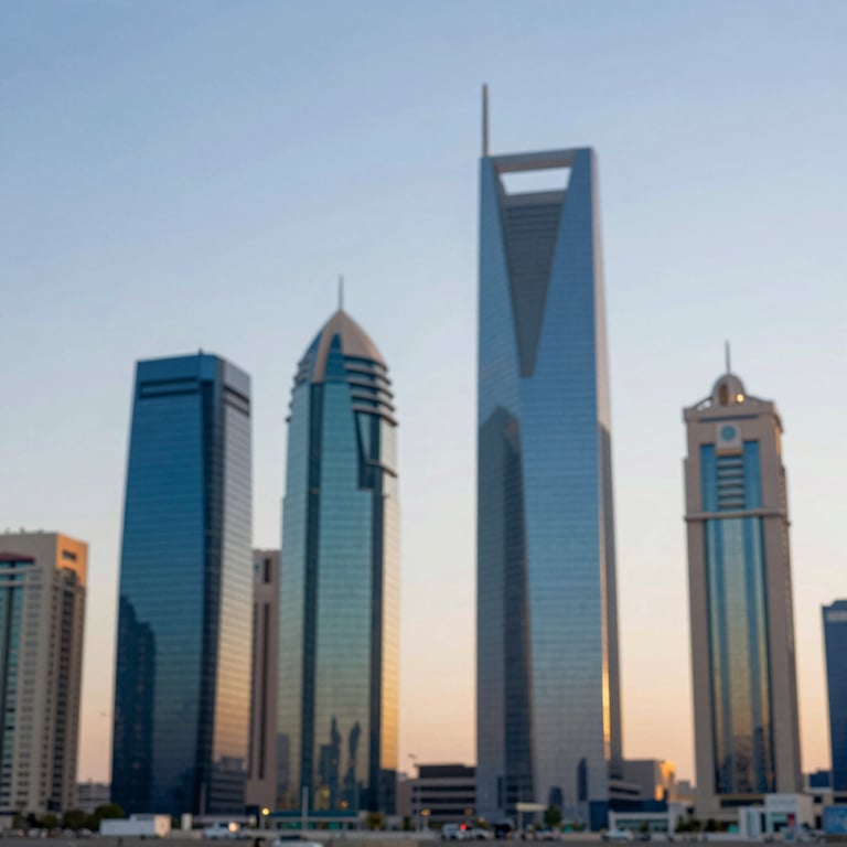 A wide shot of Riyadh's financial district skyscrapers reflecting the afternoon sun, featuring corporate blue tones like #336B87.