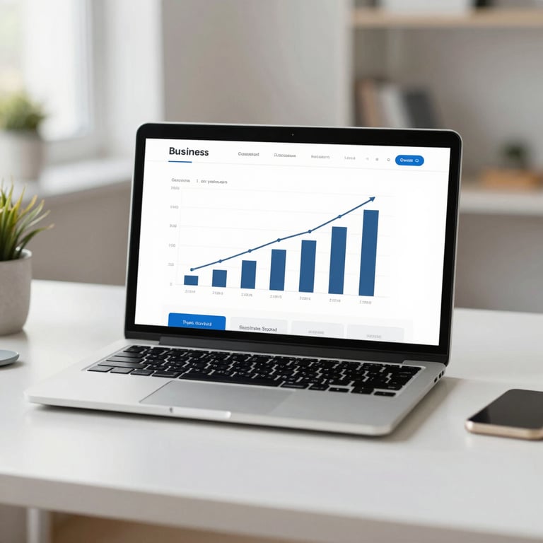 A clean workspace with a laptop displaying a business growth chart, illustrating successful results and guidance.