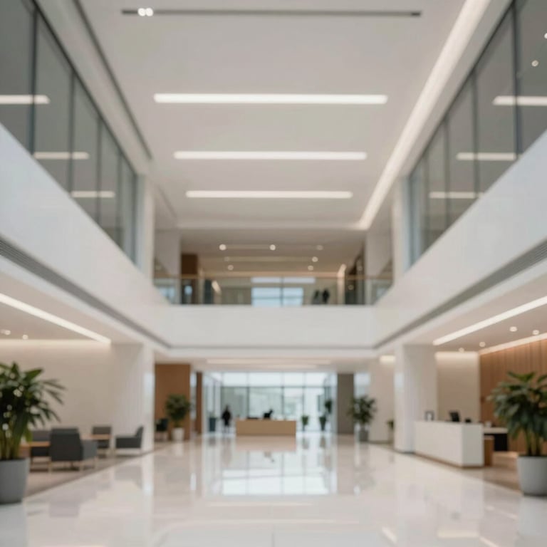 An architectural shot of a modern office lobby with high ceilings and polished floors, representing professional stability.
