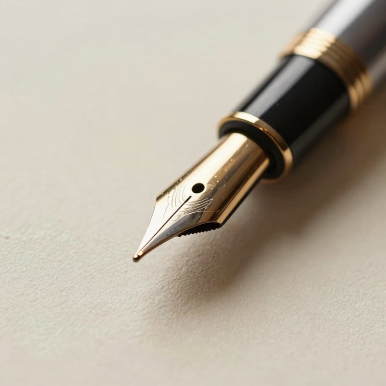 Extreme close-up of a high-quality fountain pen tip resting on heavy textured cream paper stock, soft diffused warm light, elegant shadows.