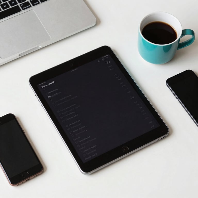 A top-down view of a designer's desk with a tablet, coffee, and mobile phone, highlighting a clean and organized workflow with teal accents.