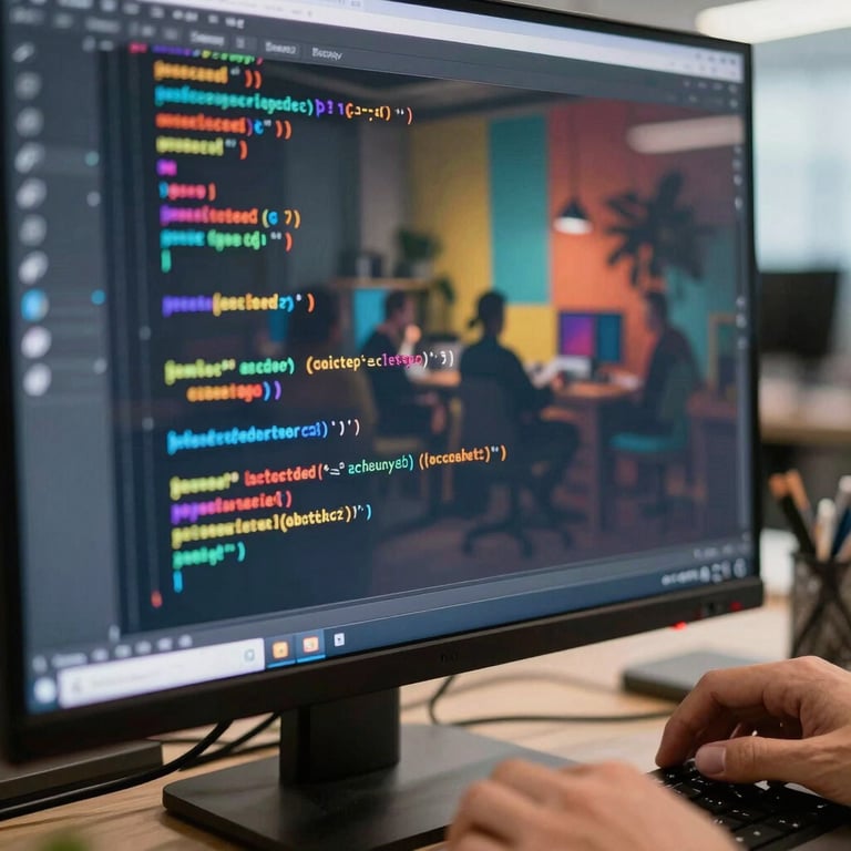 Close-up of code being written on a monitor with a blurred reflection of a vibrant, innovative office environment.