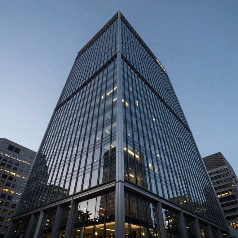 A low-angle shot of a modern glass office building in a North American business district at dusk, symbolizing corporate strength.