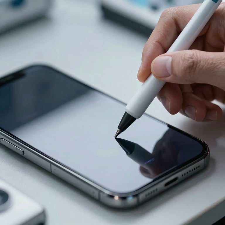 Detailed macro shot of a sleek smartphone screen being tested with a stylus in a high-tech lab setting.