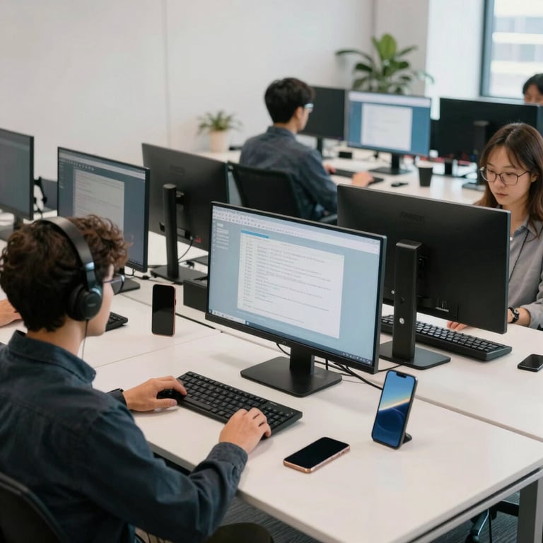 A wide shot of a clean, modern North American workspace with developers using multiple monitors and mobile devices, soft natural light, and charcoal furniture.
