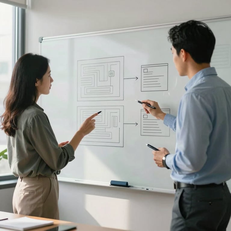Two professionals in business casual attire discussing app wireframes on a digital whiteboard in a sunlit US boardroom.