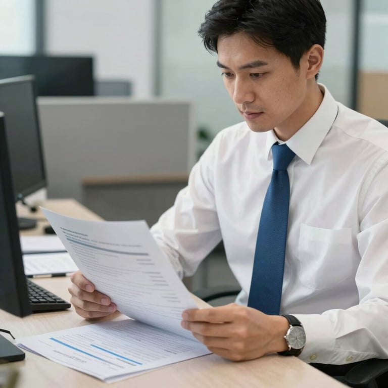 A professional male Chartered Accountant in a crisp white shirt and steel blue tie, reviewing financial spreadsheets in a clean Global / Corporate workspace.