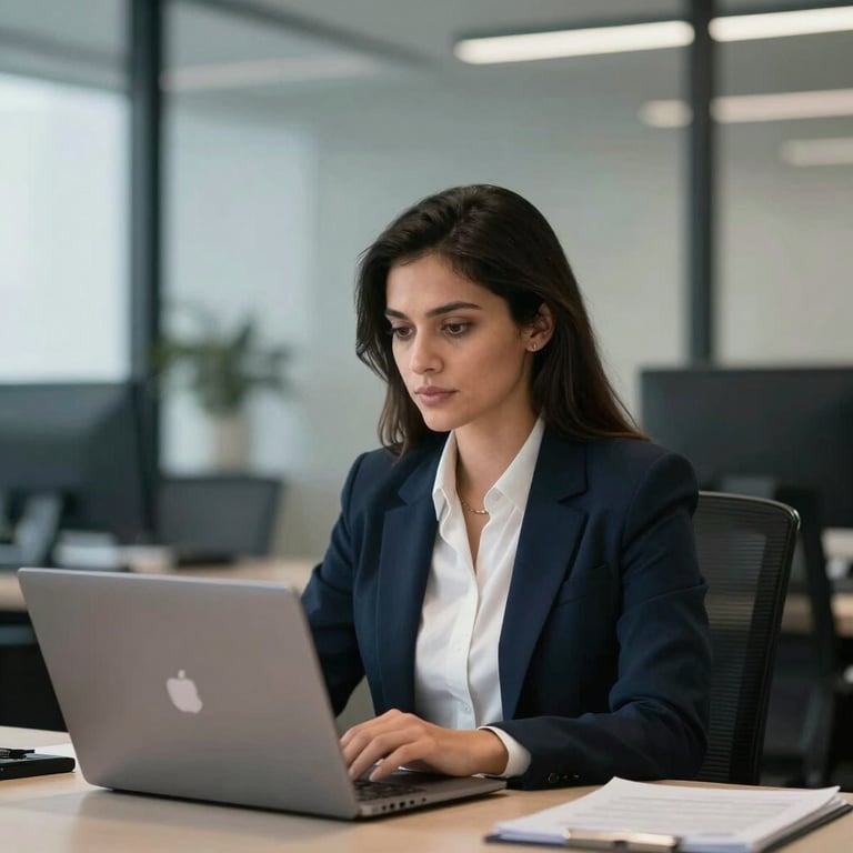 A professional woman representing a GST Consultant, sitting at a desk with a soft sky grey laptop, focused and confident in a Global / Corporate office setting.