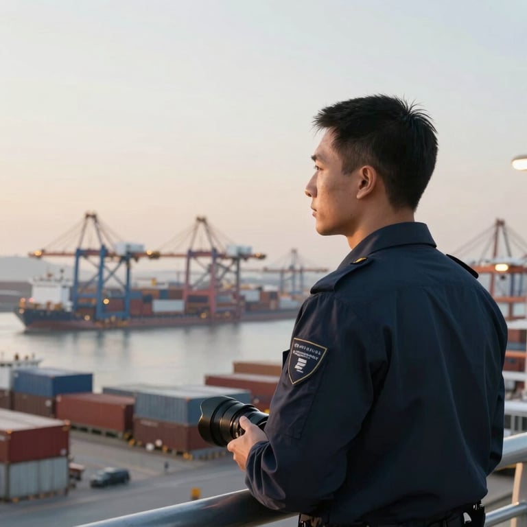 A professional male Operations Head looking out over a busy Global / Corporate shipping port at dawn with cool off-white morning light.
