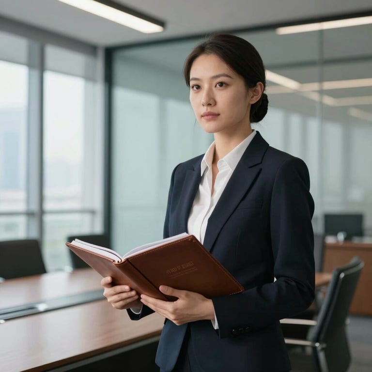 A professional female Company Secretary holding a leather portfolio in a contemporary Global / Corporate boardroom with large glass windows.