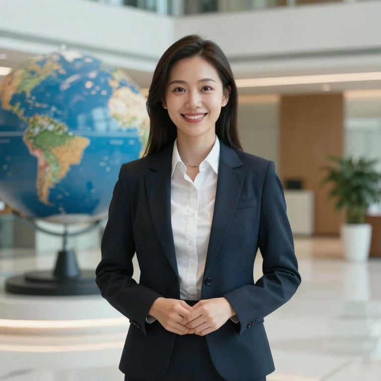 A professional female Trade Compliance Officer in formal business attire, smiling in a clean and modern Global / Corporate lobby.