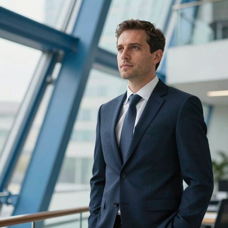 A professional man in a dark navy blue suit representing an EXIM Specialist, standing in a bright Global / Corporate office with steel blue architectural details.