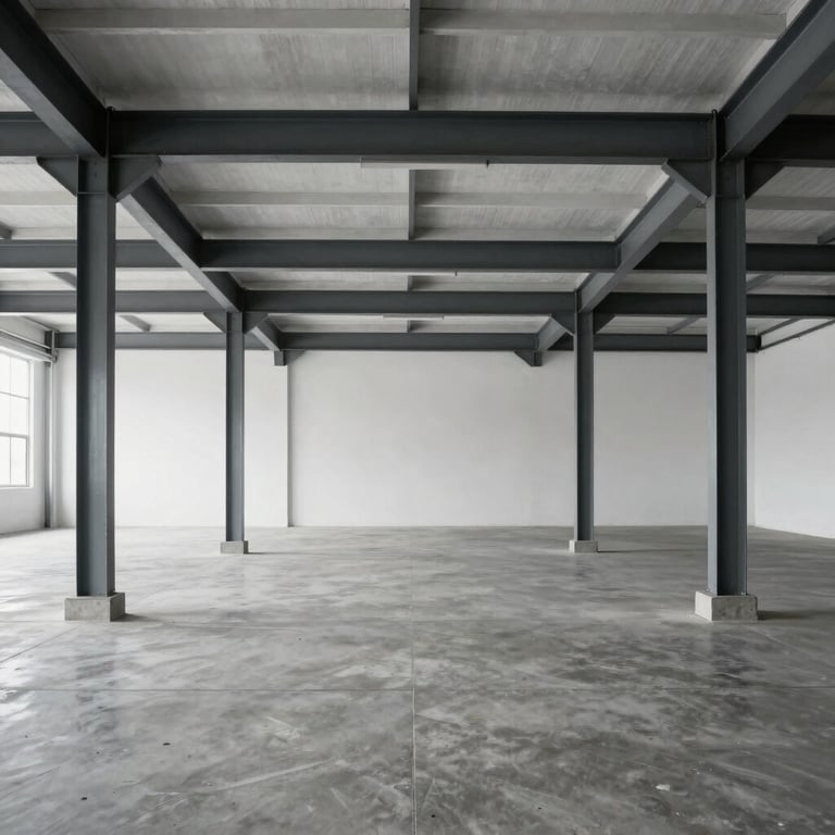 Symmetrical shot of a massive, empty commercial warehouse interior with concrete floors, featuring crisp, newly painted dark grey steel support columns and white walls under bright daylight.