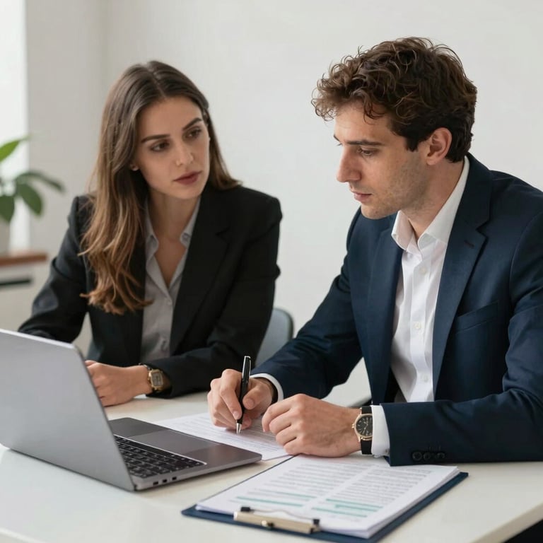 Two professionals in Southern European attire discussing financial data over a clean, modern desk with a laptop.