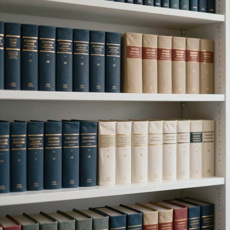 Clean, minimalist bookshelf with legal and financial volumes in a professional firm in Southern Europe.