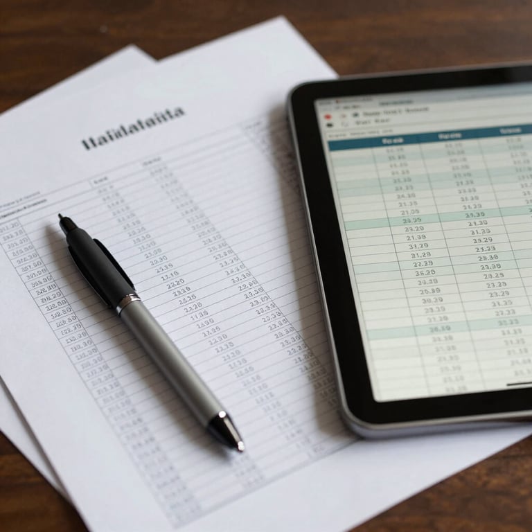 Detail of financial documents and a tablet displaying balance sheet data in a modern Italian professional setting.