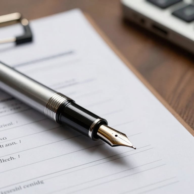 Macro shot of a high-quality fountain pen resting on a folder of financial statements in an executive office.