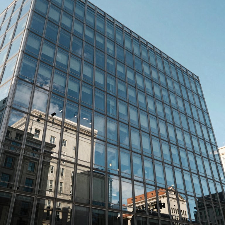 An elegant glass façade of an Italian business district building reflecting a bright blue sky.
