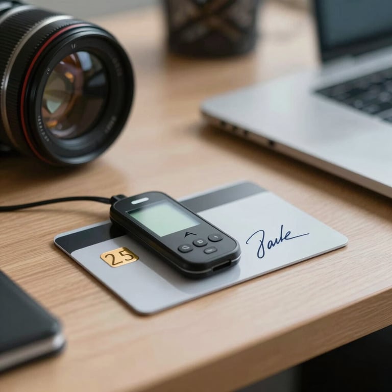 A focused shot of a digital signature token and smart card on an organized desk in a Southern European business office.
