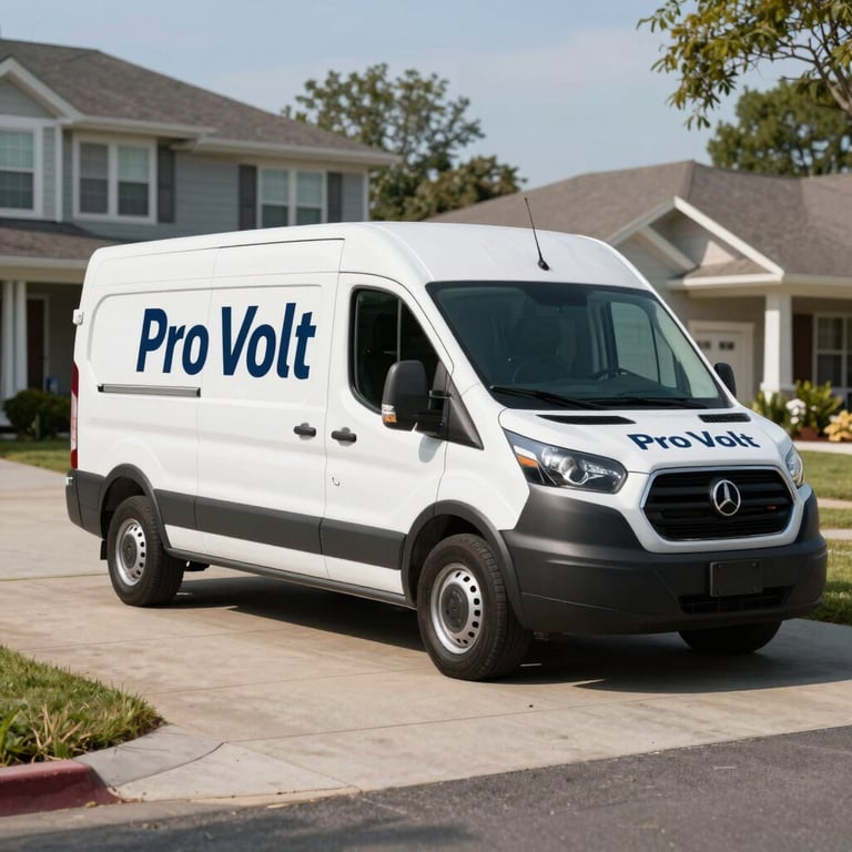 A Pro Volt service van with professional branding parked in a clean suburban driveway in a North American / US neighborhood.