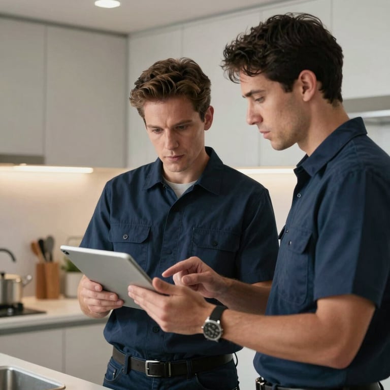 A technician consulting a digital tablet while standing in a modern North American / US kitchen during a routine safety inspection.