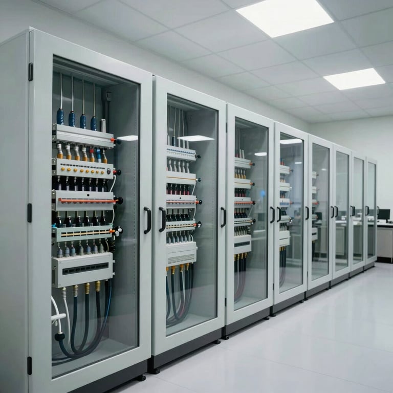 A bright and wide shot of a commercial electrical room in a modern North American / US office building featuring advanced machinery.