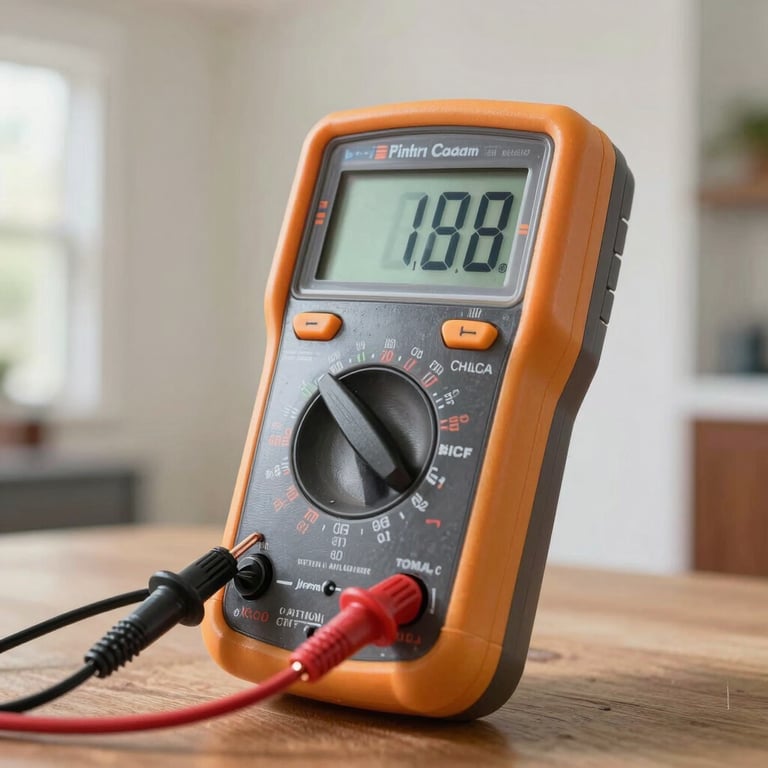 A close-up of a modern digital multimeter testing copper wiring in a North American / US residential home, bright clean lighting.