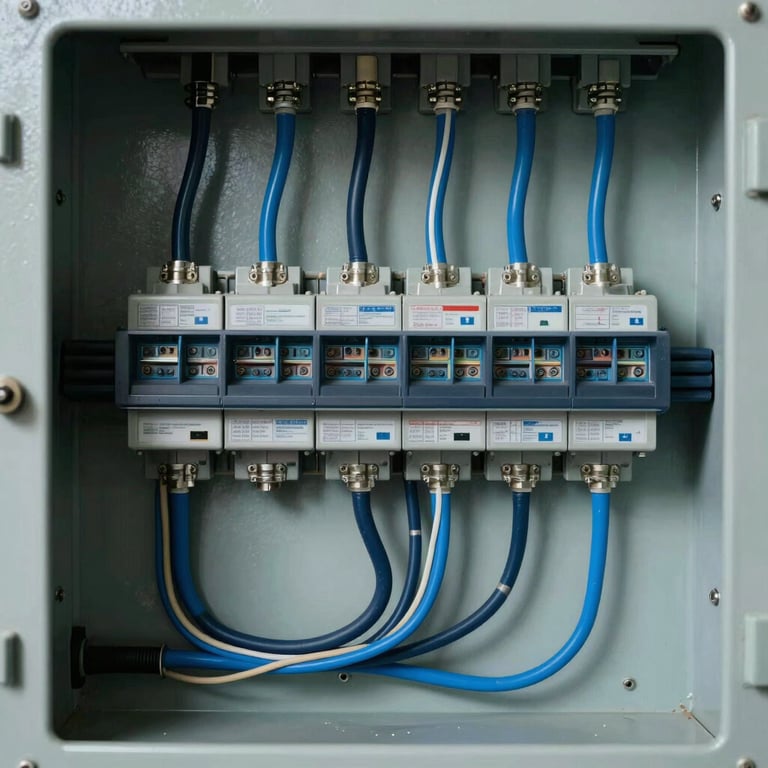 A neatly organized residential electrical panel with perfectly routed wires in shades of steel blue and dark navy.