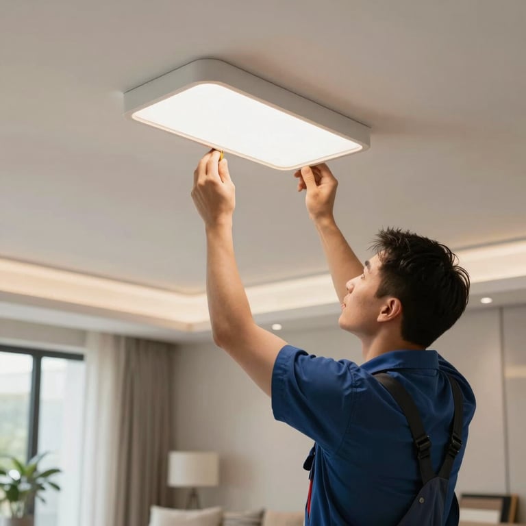 A professional electrician installing sleek modern recessed lighting in a high-end North American / US living room.