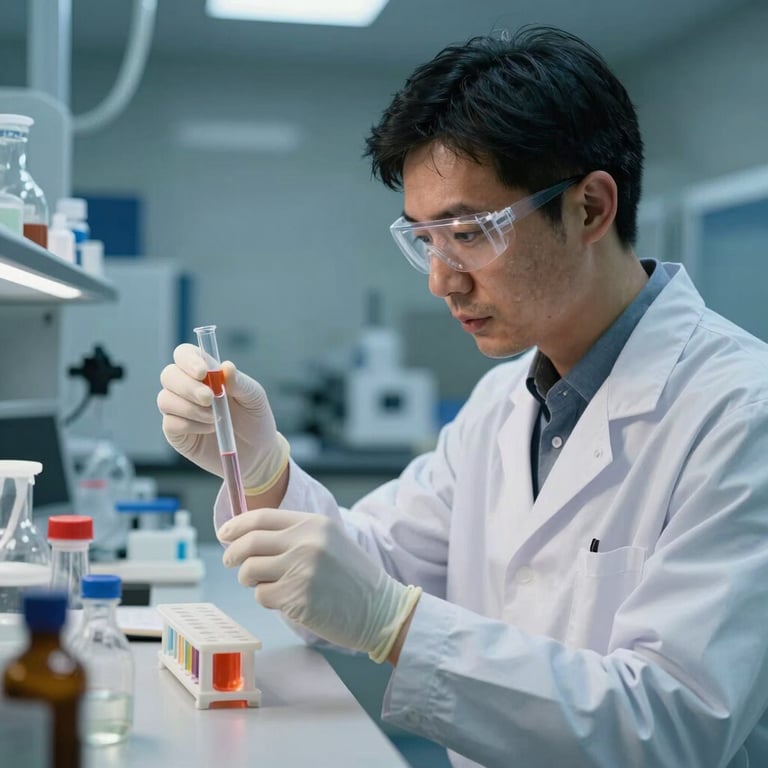 A professional scientist in a sterile lab setting working with liquid samples, focused and precise, with a background of steel blue lighting.
