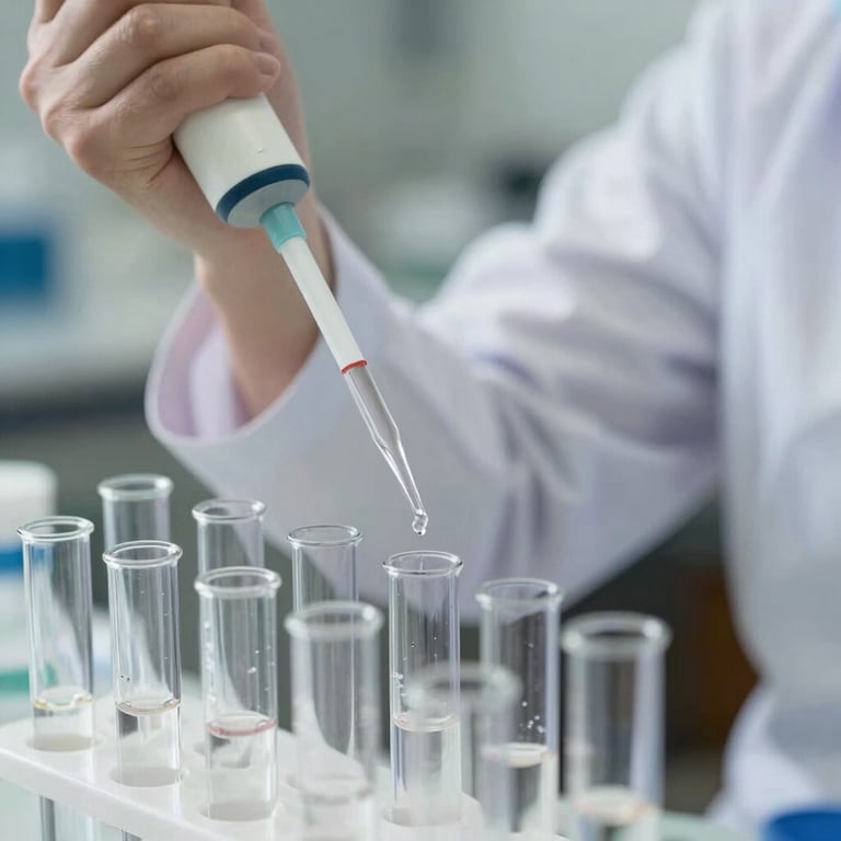A researcher using a pipette to transfer clear liquid into test tubes, captured in a sharp, professional photography style.