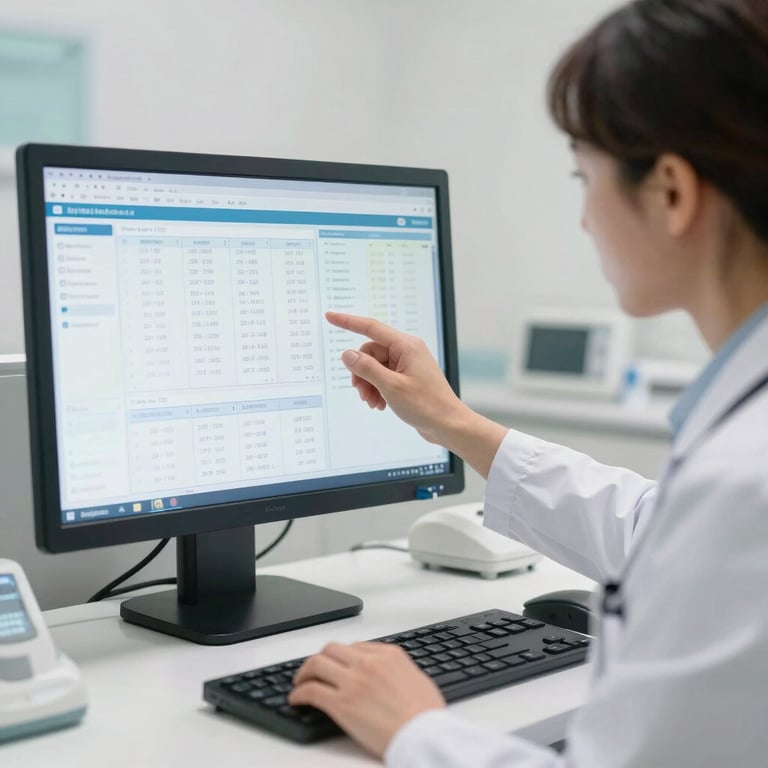A healthcare provider reviewing diagnostic data on a clean, modern screen in a bright, trustworthy medical environment.