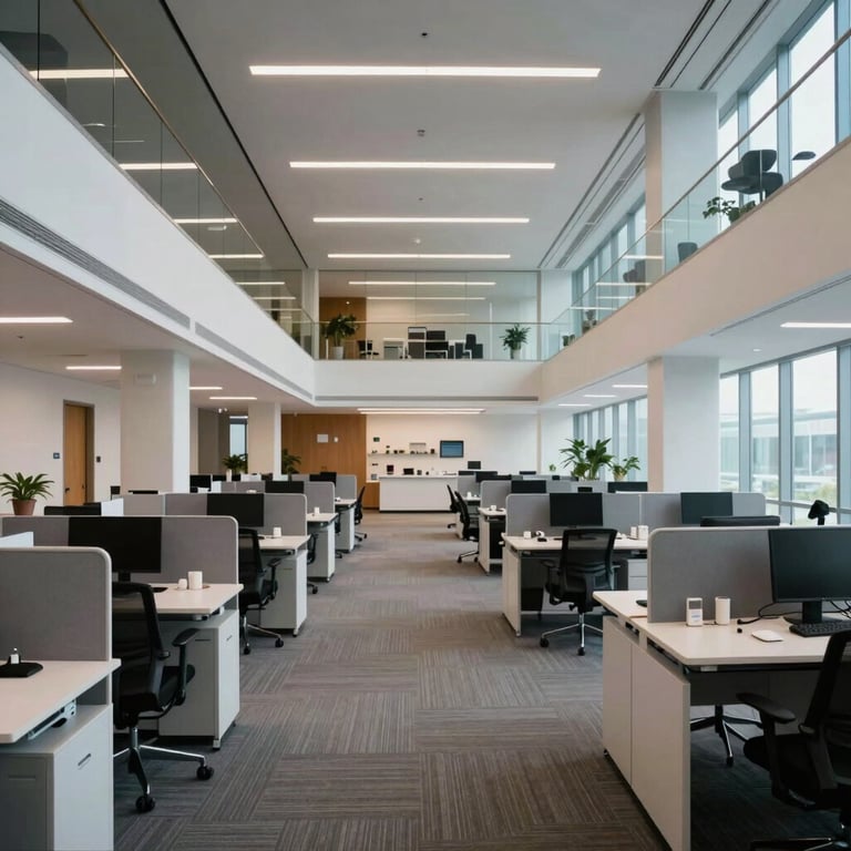 A wide shot of a modern life sciences office interior in the United States, featuring collaborative spaces and sophisticated architecture.