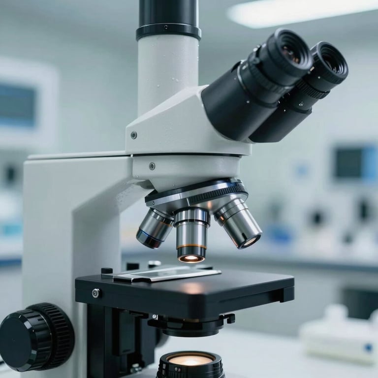 A close-up of a modern optical microscope in a bright North American research facility, accented with soft grey-blue tones.