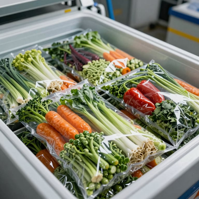 Modern industrial freezer bags of mixed IQF vegetables showcasing vibrant colors and fresh quality in an Egyptian facility.