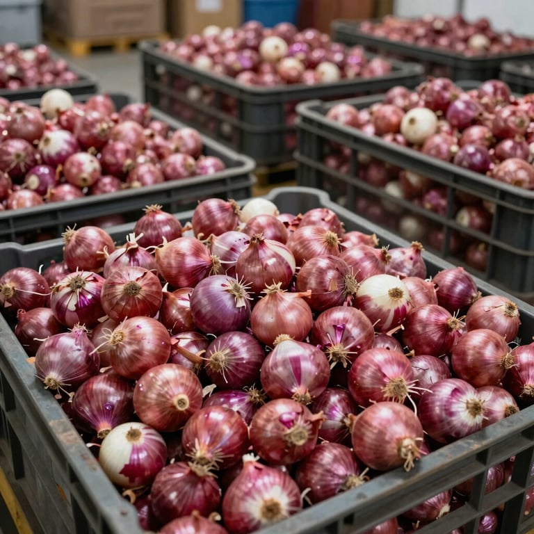 Large crates of red Egyptian onions stacked in a clean, highly organized warehouse ready for international maritime shipment.