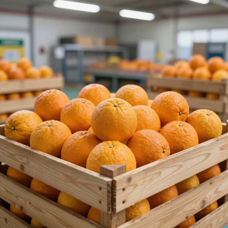 Fresh Egyptian Navel oranges neatly packed in export-grade wooden crates in a bright, modern Middle Eastern packing house.