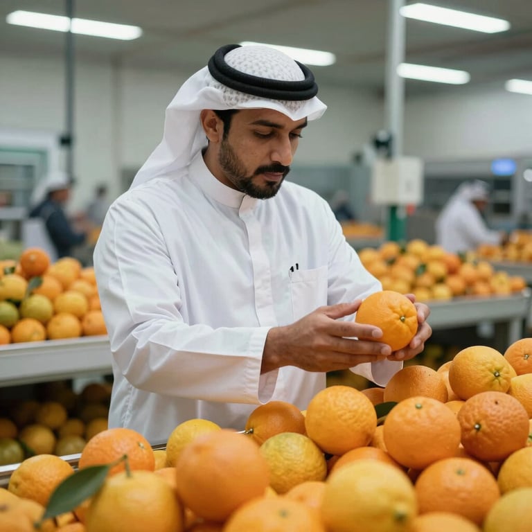 A professional sourcing agent in a clean white coat inspecting high-quality citrus fruits in a sophisticated Middle Eastern facility.