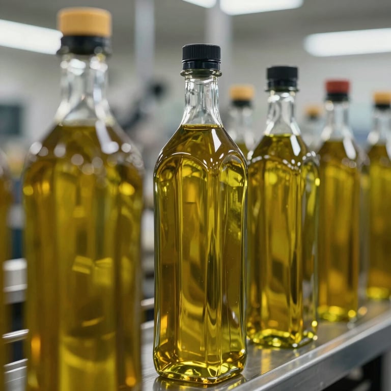 Clear glass bottles of golden Egyptian extra virgin olive oil against a blurred backdrop of a professional production line.