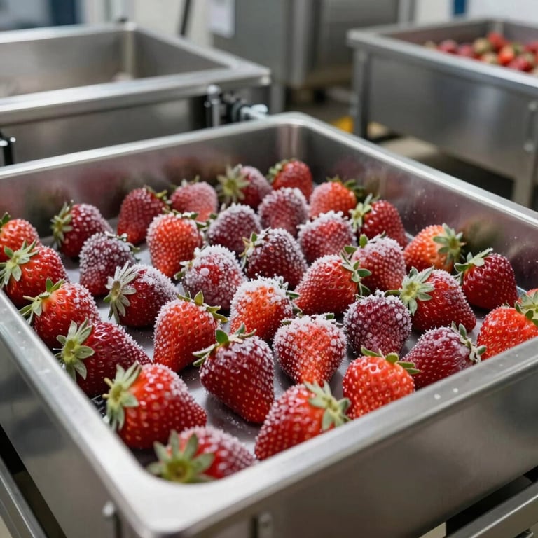 High-quality individually quick frozen (IQF) strawberries shown in a clean, industrial stainless steel processing facility in Egypt.