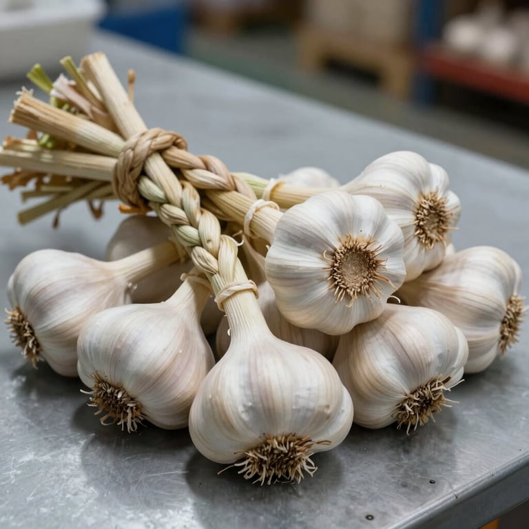 A close-up of premium, white Egyptian garlic bulbs tied in traditional braids on a clean, professional warehouse surface.