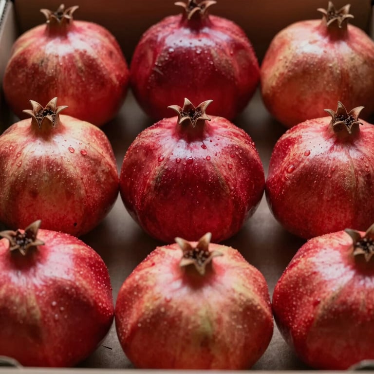 Vibrant, deep red Egyptian pomegranates arranged in a symmetrical composition under soft, natural daylight for export review.