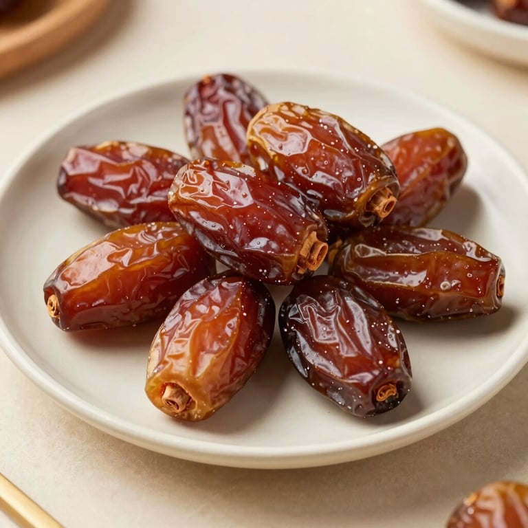 Gourmet Egyptian dates arranged on a minimalist cream ceramic platter, emphasizing premium quality and texture for global markets.