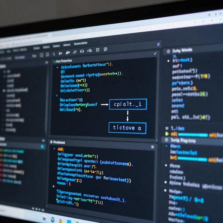 Macro shot of a high-fidelity dark-mode IDE screen displaying complex Python data pipelines, neon-blue syntax highlighting, soft cool backlighting, clean geometric layout.
