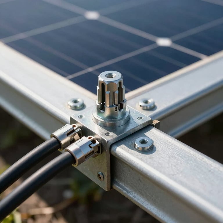 Extreme macro technical detail of heavy-duty steel mounting hardware and thick high-voltage cabling secured to a ground-mount solar rack, direct harsh sunlight.
