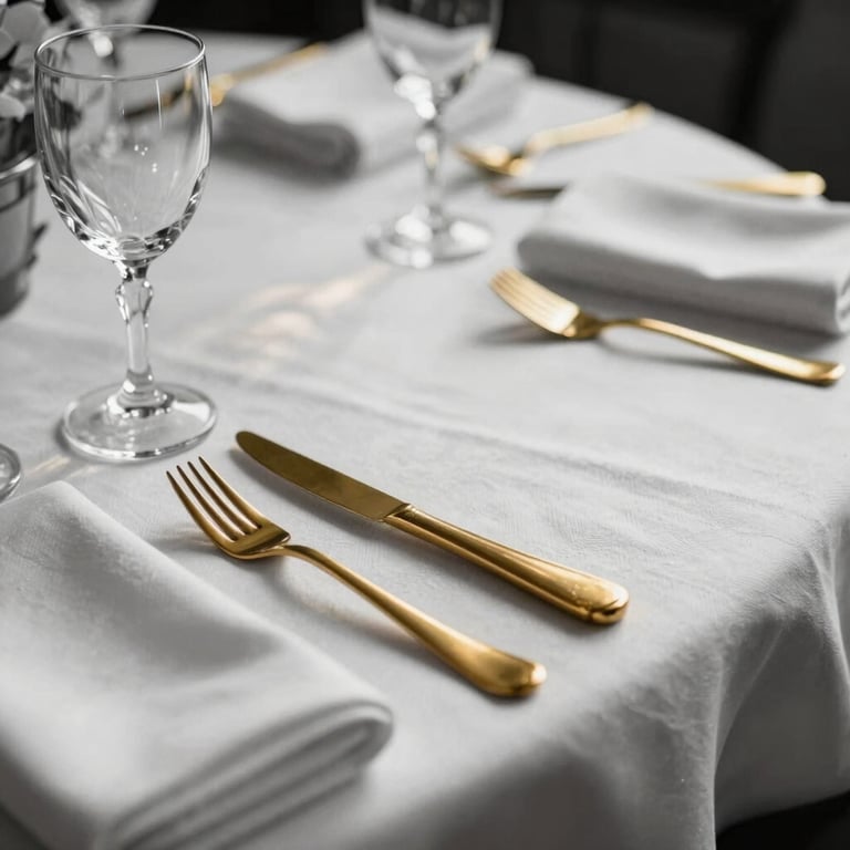 Close-up detail of a formally set place setting on a white linen tablecloth — gold-toned cutlery aligned precisely beside a folded napkin, crystal glassware catching afternoon window light, shallow depth of field, black-and-white tones with the warm gold of the cutlery as the single colour anchor