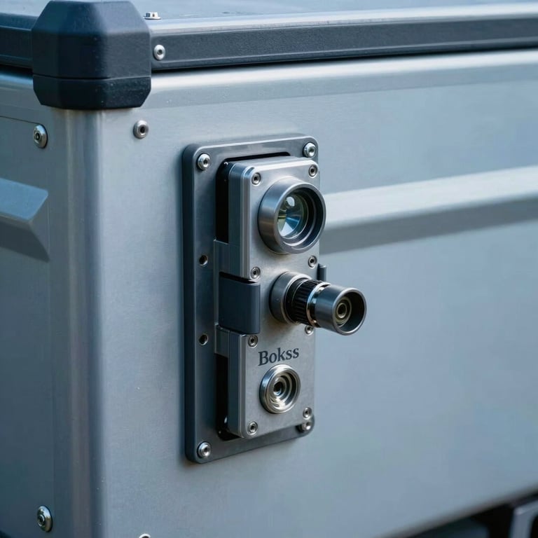 Close-up of a high-security lock mechanism on a steel Boks pickup box, showing precision engineering in a steel blue light.