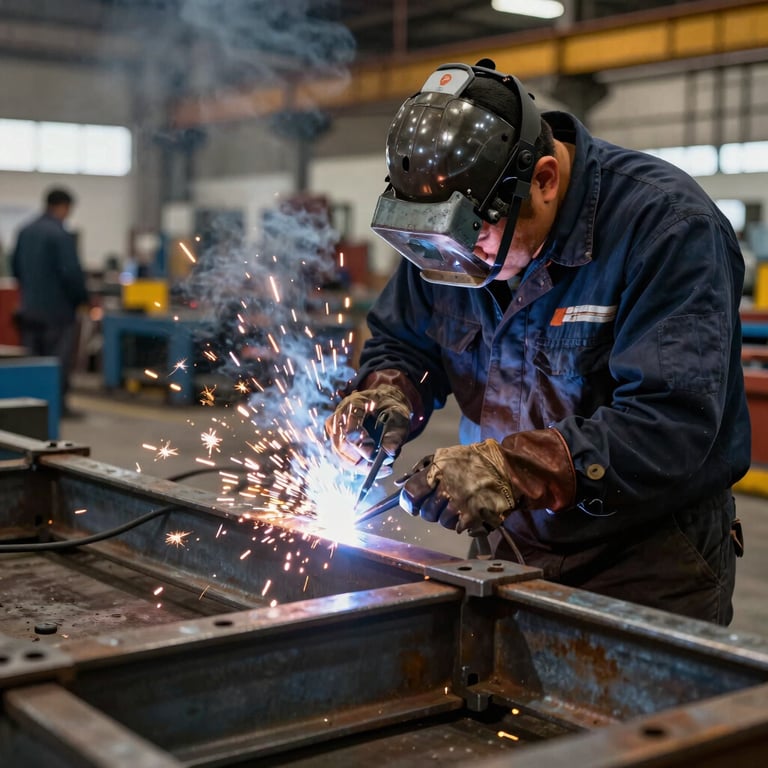 A skilled worker welding a heavy-duty steel frame in a modern Argentine factory, sparks flying in a dark navy setting.